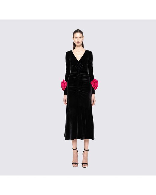 Nissa Black Floral-Detail Velvet Dress