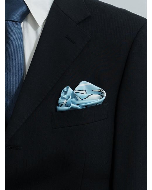 Lost Pattern Blue Little Egret Silk Pocket Square for men