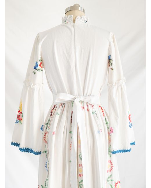 Sugar Cream Vintage White Re-design Upcycled Boho Blossom Colorful Floral Maxi Dress