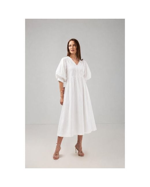 IZABELA MANDOIU White Cotton Midi Dress With Puff Sleeves