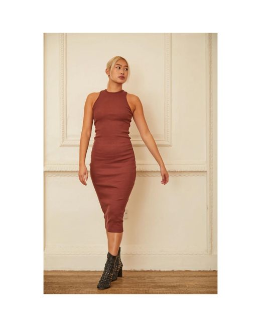 NUMBAT Red Lena Ribbed Fitted Midi Dress Cinnamon