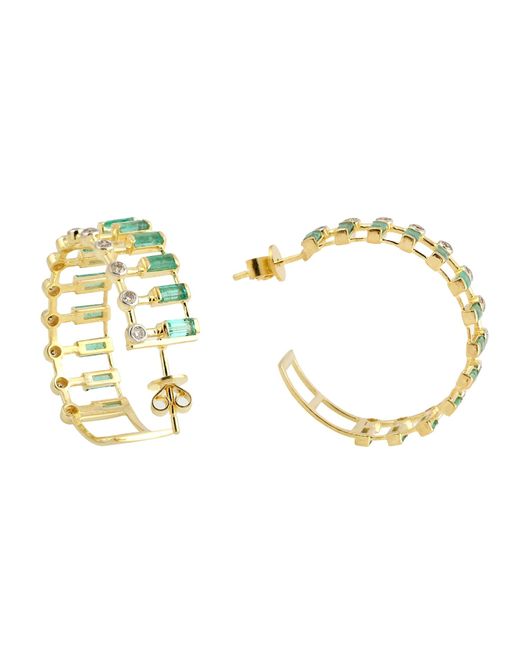 Artisan Metallic Solid 14k Gold With Dot-dash Emerald & Natural Diamond Hoop Earrings