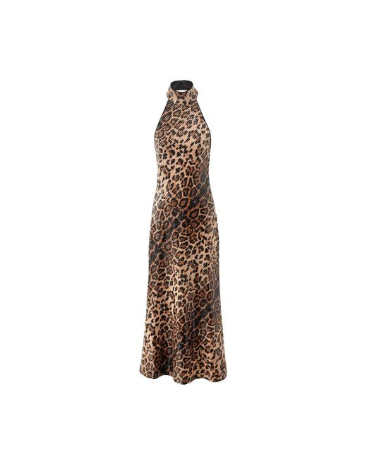 Aisl Brown Leopard Sequin Halter Maxi Dress