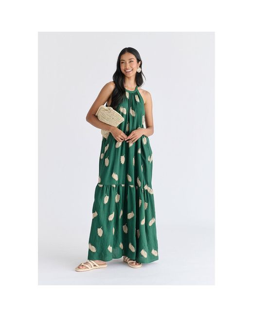 Paisie Green Leaf Embroidered Halterneck Maxi Dress
