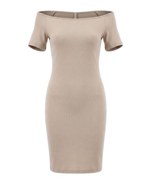 Conquista Natural Neutrals Ribbed Off-Shoulder Bodycon Dress