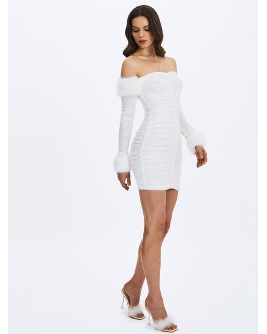 Miss Circle New York Gray Lani Lace Off-Shoulder Ruched Mini Dress