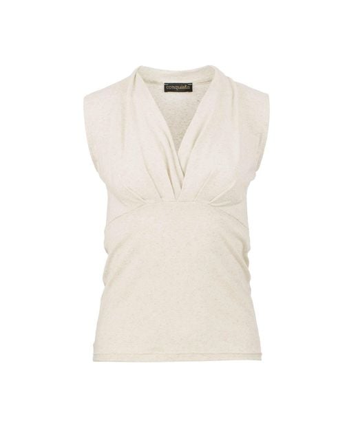 Conquista White Neutrals Chic Faux Wrap Sleeveless Top