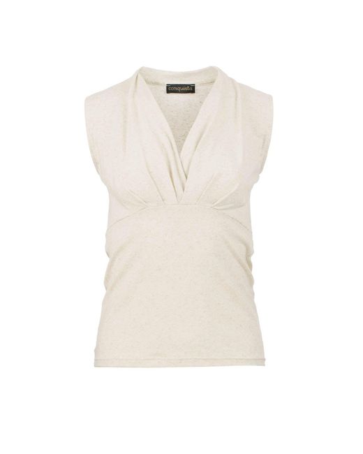 Conquista White Neutrals Chic Faux Wrap Sleeveless Top In Linen Blend