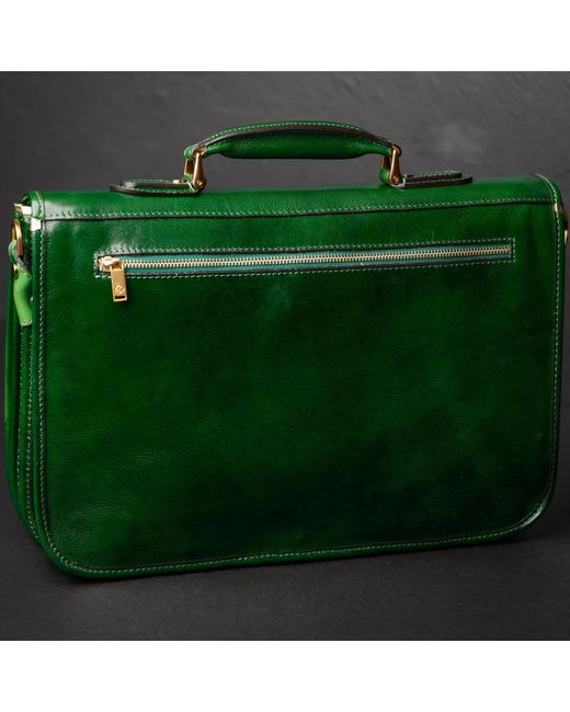 Time Resistance Green Leather Briefcase Laptop Bag for men