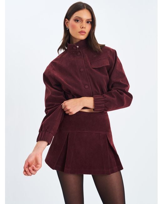 Miss Circle New York Purple Faryn Mahogany Vegan Suede Pleated A-Line Mini Skirt