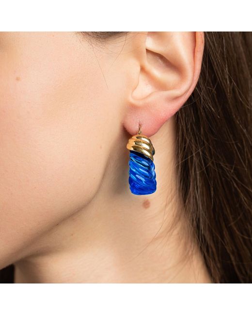 Gold & Honey Blue Sapphire Rope Shrimp Lucite Birthstone Hoop Earrings
