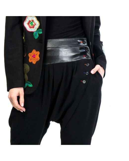 Lalipop Design Blue Black Harem Pants With Colored Buttonholes & Vegan Leather Waistline