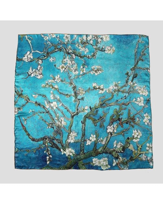 Soft Strokes Silk Blue Pure Silk Scarf Painting Almond Blossom Van Gogh Small