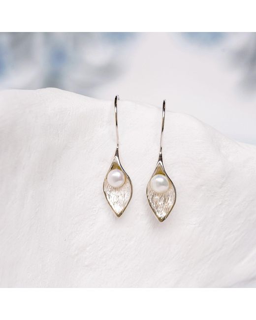 Isla Silver Metallic Handmade Calla Lily Freshwater Pearl Drop Earrings