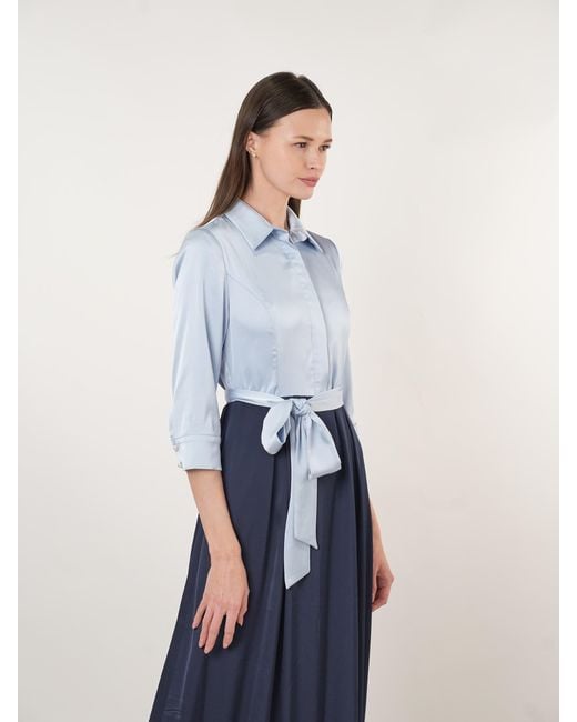 John Abgin Blue Satin Contrast Pearl Detail Maxi Shirt Dress