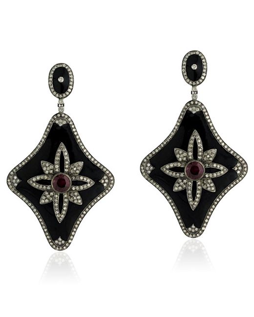 Artisan Brown Ruby & Diamond Pave In 18k Yellow Gold And Silver Enamel Antique Dangle Earrings