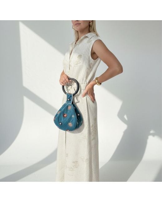 Pick Happy Blue Wrist Velvet Purse Beaded Flowers