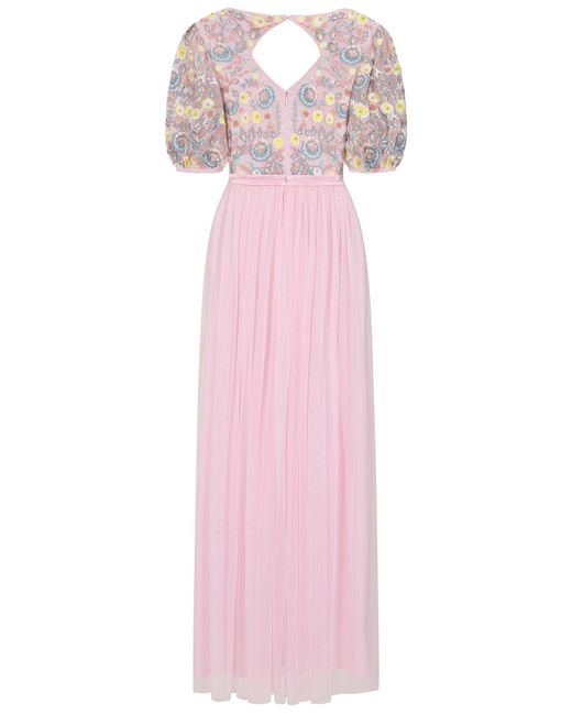 Frock and Frill Pink Camelia Floral Embroidered Maxi Dress
