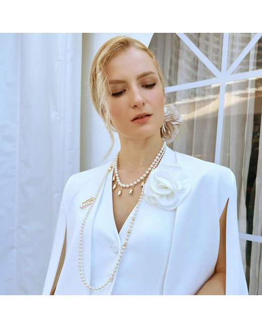 Farra White Freshwater Pearls Flower Metal Charms Statement Necklace