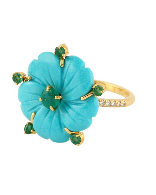 Artisan Blue Elegant Carving Flower Cocktail Rings 18k Yellow Gold Mix Stone Emerald Diamond