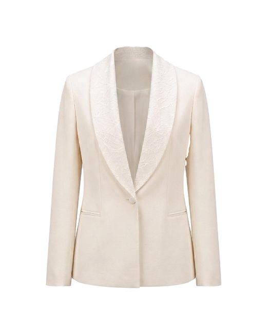 Malo White Neutrals Ecru Lace Collar Tuxedo Blazer