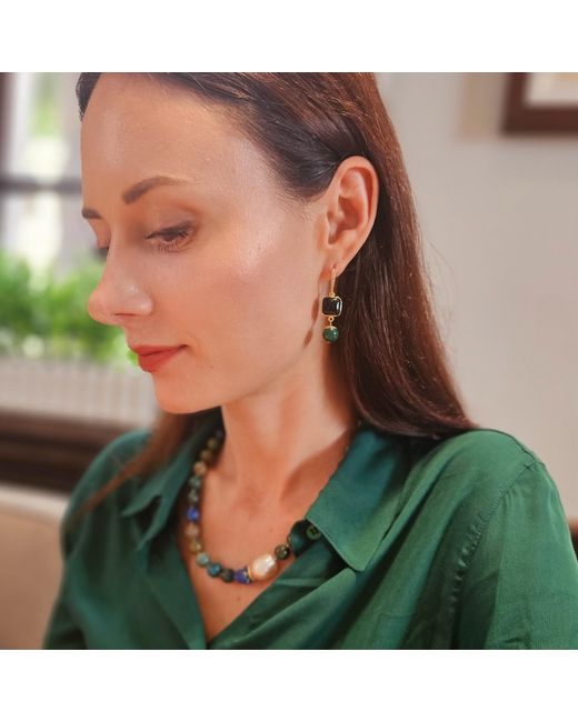 Farra Green Square Obsidian With Malachite Earrings