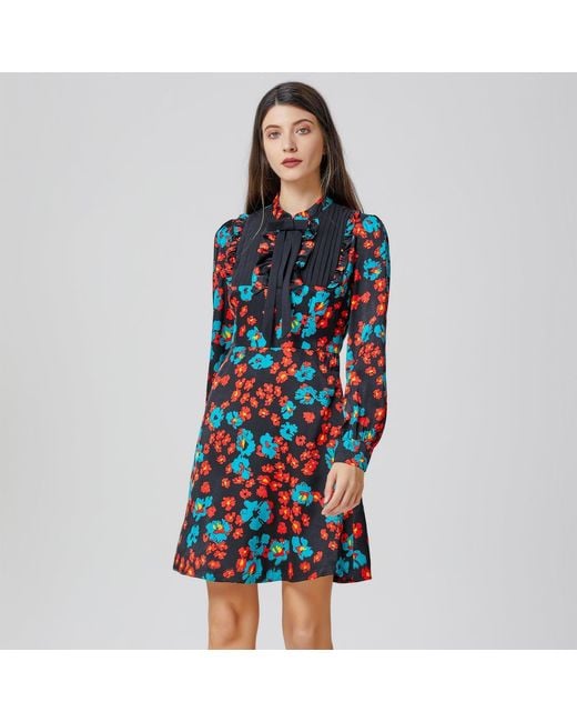 Smart and Joy Red Ascot-Tie Flower Print Mini Dress