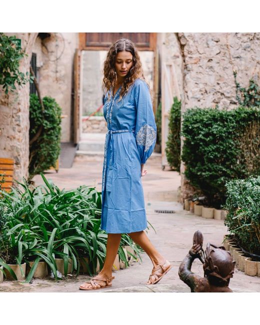 LAtelier London Blue Embroidered Midi Shirt Dress
