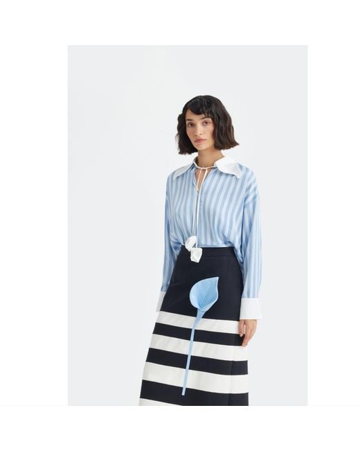 Julia Allert Black Contemporary Striped A-Line Skirt, Floral Detail–