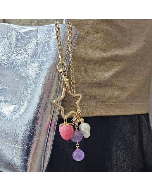Farra Metallic Star With Strawberry Amethyst And Baroque Pearl Dangle Bag Charm