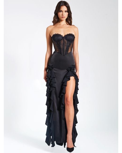 Miss Circle New York Black Talia Satin Lace Corset Maxi Dress