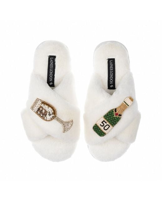 Laines London White Neutrals Classic Laines Slippers With Champagne & Glass 50Th Birthday Brooches