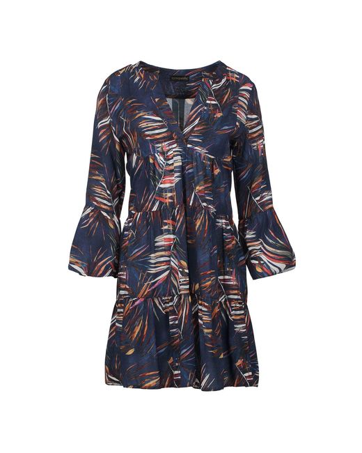 Conquista Blue Leaf Print A Line Dress With Bell Sleeves