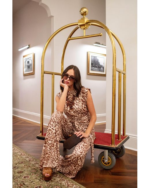 Jennafer Grace Brown Neutrals Champagne Feline Tunic & Palazzo Set