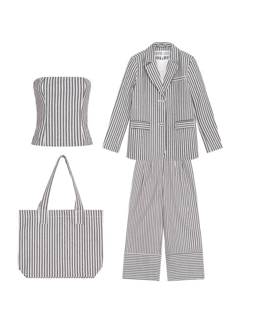 London Atelier Byproduct Gray Striped Blazer Trousers Corset And Tote Bag Four Piece Set