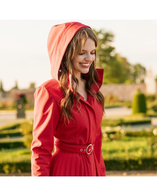 RainSisters Red Fit & Flare A-Line Coat With Pleated Skirt: Scarlet Waltz