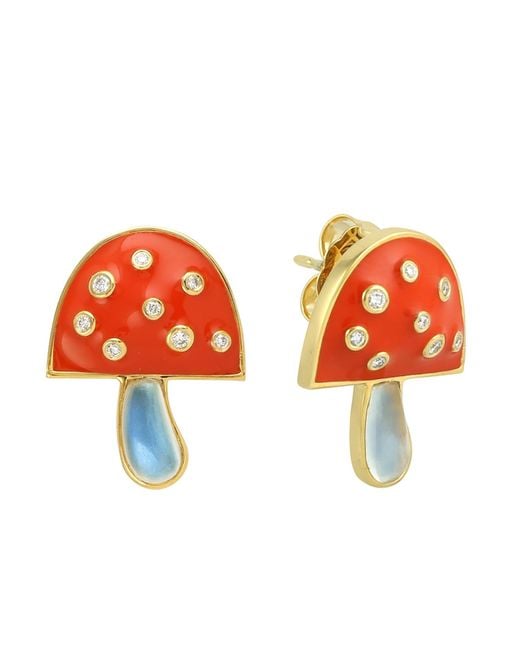 Artisan Orange 14k Yellow Gold With Moonstone & Diamond Mushroom Earrings
