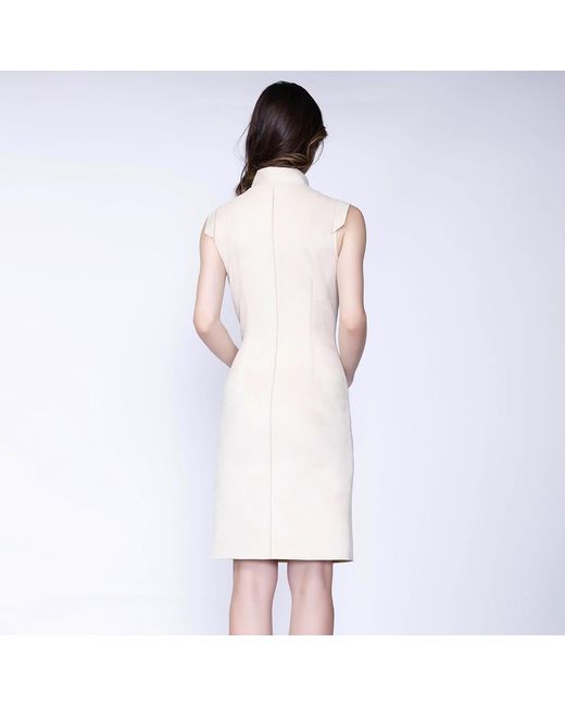 Smart and Joy Natural V-neck Structured Cut Suede Dress