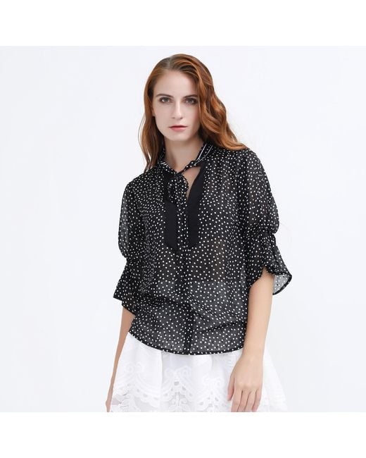 Smart and Joy Gray Polka Dots Tulip Sleeves Chiffon Blouse