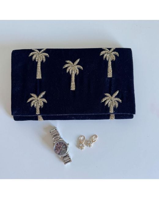 Pick Happy Blue Velvet Mini Clutch Bag With Beaded Palm Trees