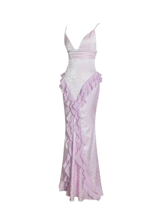 Miss Circle New York Purple Paolina Taro Jacquard Ruffle Mermaid Maxi Dress