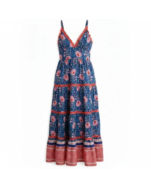 La Mandarine Blue Summer Maxi Dress With Pockets. Block Print Cotton Summer Maxi Dress Beatriz