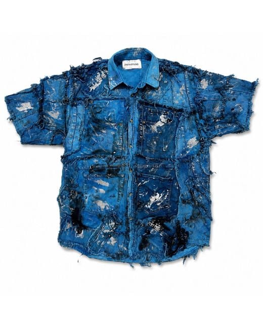 Zasta Studio Blue Wearable Ruins Shredded Denim Colored Half-Sleeve Shirt