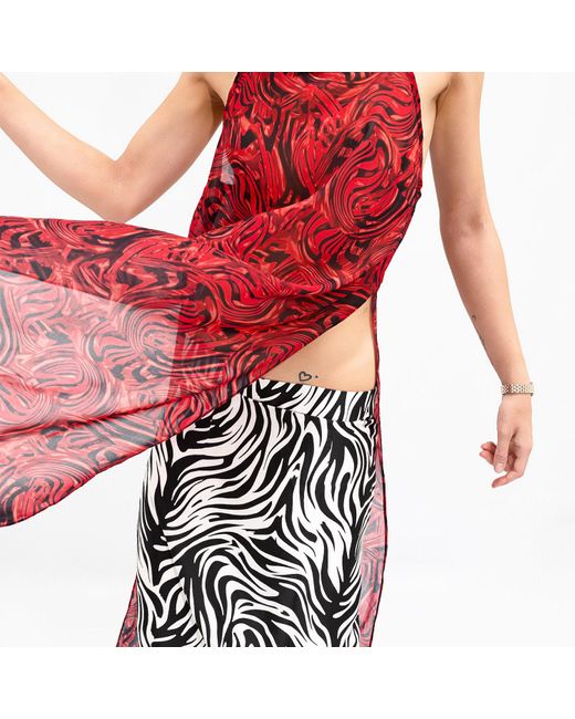 Janara Jones Red Lava Print Chiffon Side-Split Staight-Neck Cami Top