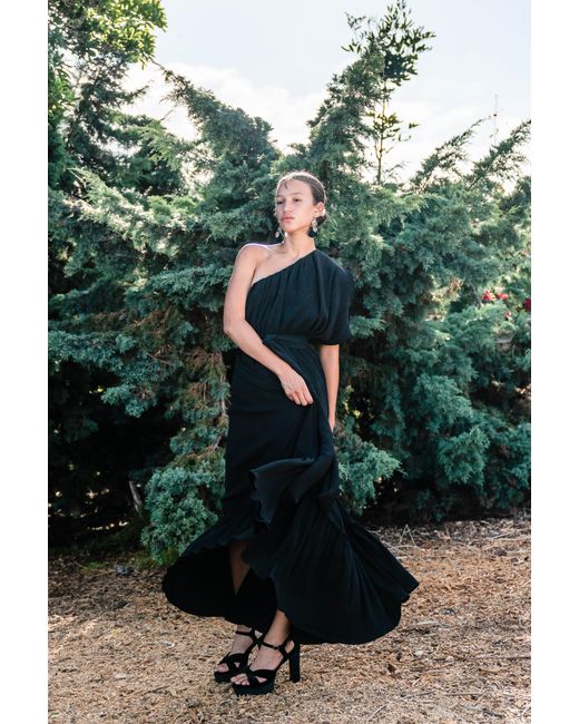 Jennafer Grace Black Diamond Pleated One-Shoulder Maxi Dress