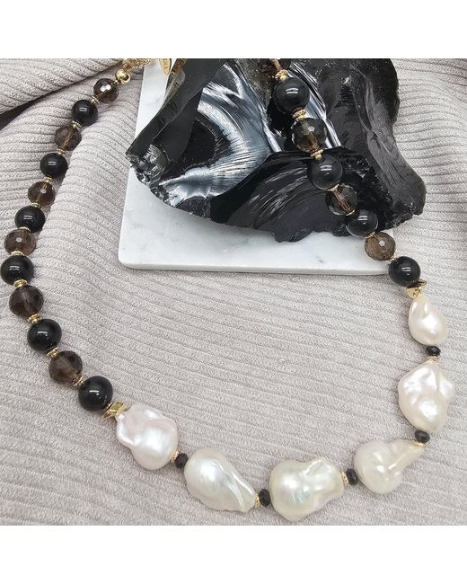 Farra Black Quartz And Obsidian With Baroque Pearl Statement Necklace