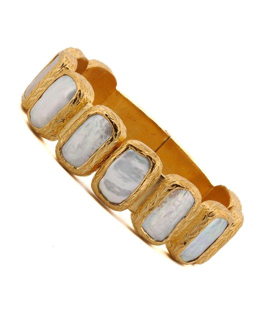 Ebru Jewelry Brown Golden Aura Elegant Pearl Stone Cuff Bracelet