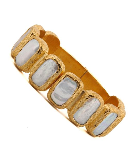 Ebru Jewelry Brown Golden Aura Elegant Pearl Stone Cuff Bracelet