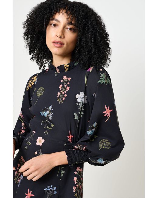 Louche Black Jessie Flower Press Print Frill Neck Midi Dress