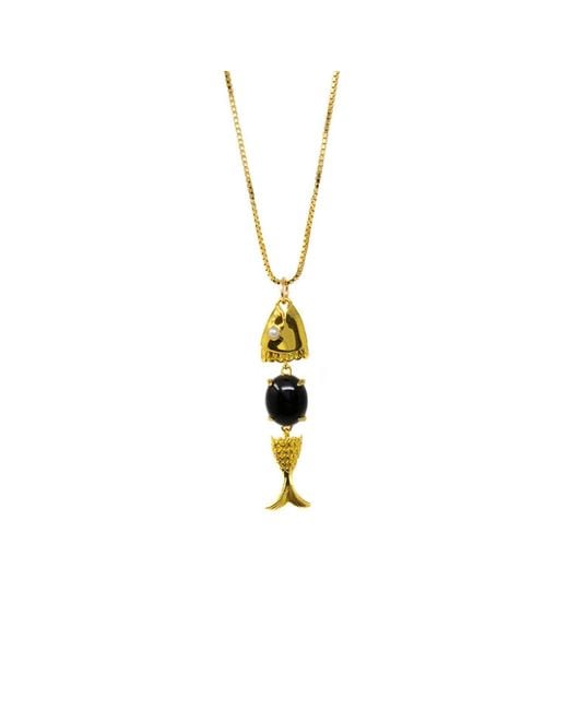 NASI SILVER Yellow Swimming Fish Neshama Pendant- Onyx & Freshwater Pearl
